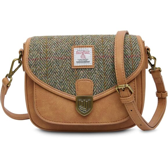 Handbags - Scottish Harris Tweed Leather Mini Saddle Bag Chestnut Herringbone Adjustable St